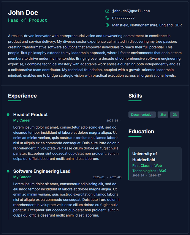 Dark Mode CV template preview