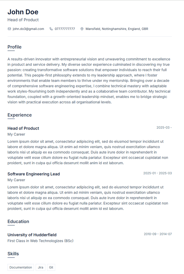 Minimal CV template preview