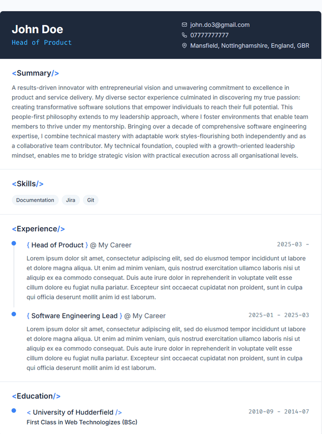 Technical CV template preview